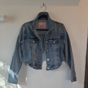 Juicy Couture Cropped Raw Hem Denim Jacket With Heart Elbow Patches